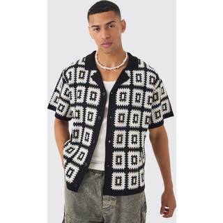 Mens Black Oversized Boxy Crochet Knit Revere Shirt