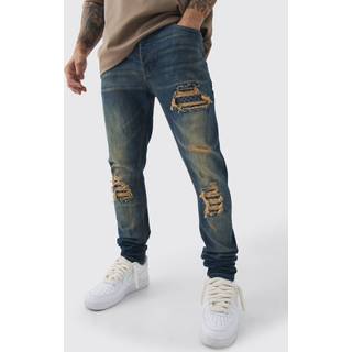 Mens Antique Blue Skinny Stretch Stacked Bandana Rip & Repair Jeans
