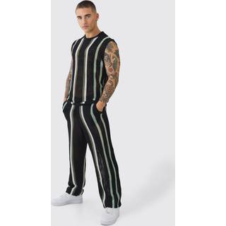 Mens Black Oversized Open Stitch Stripe Knitted vest & Trouser Set