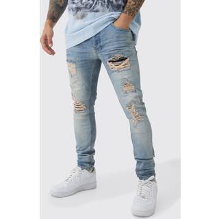 Mens Antique Blue Skinny Stretch PU Biker Rip & Repair Jeans