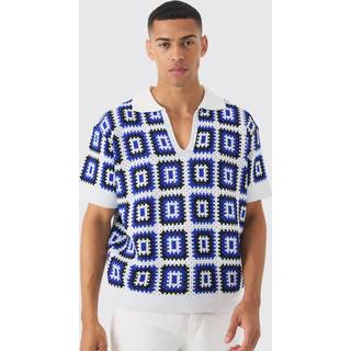 Mens White Oversized Boxy V Neck Crochet Knit Polo