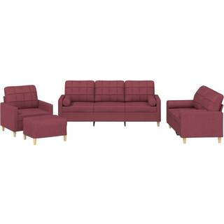 Sofasæt 3 Dele Stof - Vinrød / med puder og fodskamler