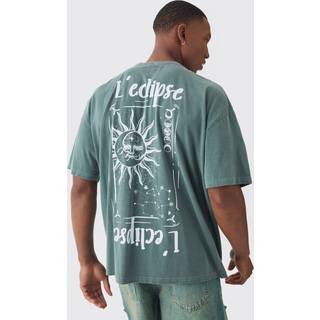 Mens Khaki Oversized Washed L 'Eclipse Stencil Print T-shirt