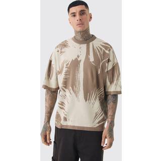 Mens Taupe Tall Oversized Tonal Abstract Drawing Knitted T-shirt