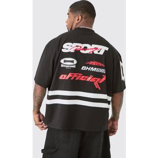 Mens Black Plus Oversized Boxy Extended Neck Washed Applique Moto T-Shirt