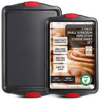 Bageplade s?t 2-delt cookie ark s?t med silikone h?ndtag st?l bageplade holdbare bageplader til ovn BPA gratis cookie ark til bagning nonstick s?