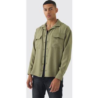 Mens Khaki Oversized Linen Long Sleeve Revere Step Hem Shirt