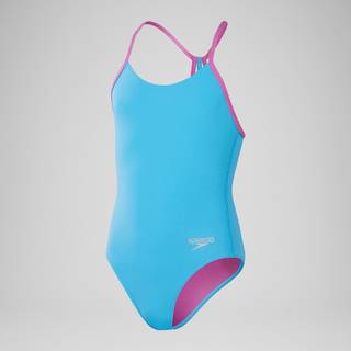 Girls' Club Training Solid Lane Line Back Swimsuit Blue