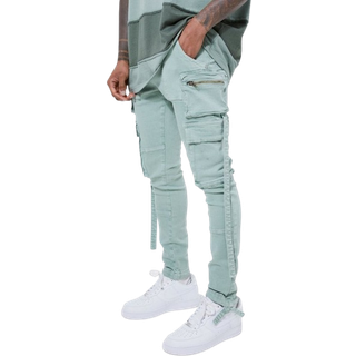 Mens Sage Super Skinny Stretch Strap Detail Cargo Jeans