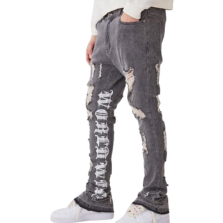 Mens Washed Black Skinny Stretch Stacked Distressed Embroidered Gusset Jeans