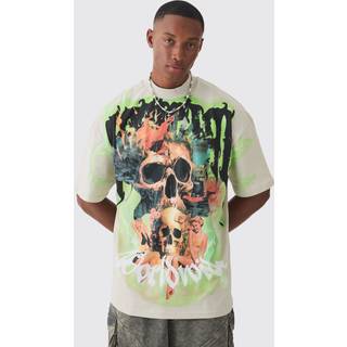 Mens Taupe Oversized Extended Neck Extreme Skull Graphic T-shirt