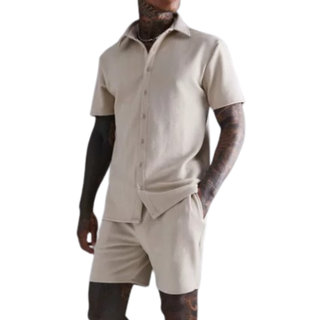 Mens Stone Short Sleeve Jersey Herringbone Shirt And Short Set