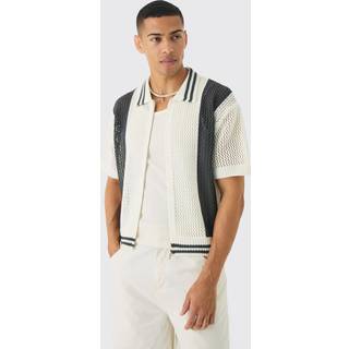 Mens White Oversized Boxy Open Stitch Zip Through Knitted Shirt