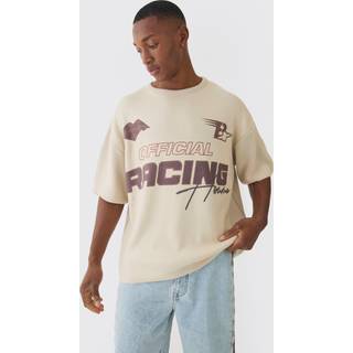 Mens Stone Oversized Open Stitch Printed Knitted T-shirt