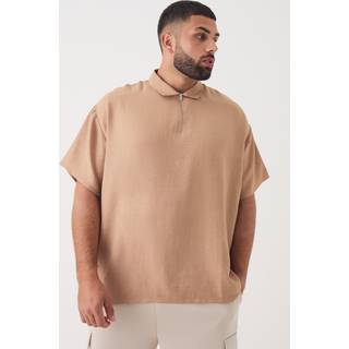 Mens Plus Zip Up Linen Polo In Taupe