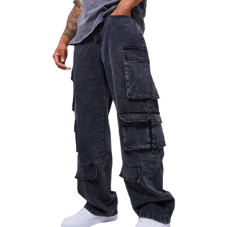 Mens Charcoal Relaxed Fit Acid Wash Cargo Jeans