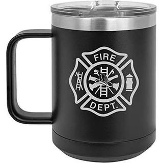 15 oz tumbler kaffekrus rejsekop med håndtag og låg vakuum isoleret rustfrit stål brandmand maltesisk kors (sort)