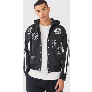 Mens Black Boxy Applique Tape Detail Jersey Varsity Jacket