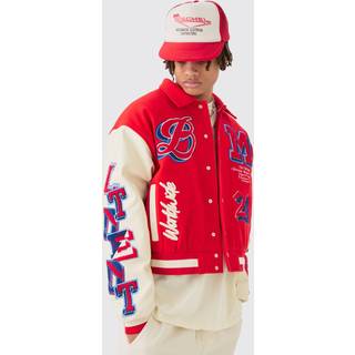 Mens Boxy BM Badge Collared Varsity Jacket In Red