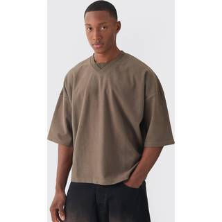 Mens Dark Tan Oversized Boxy V Neck Reverse Loopback T-shirt