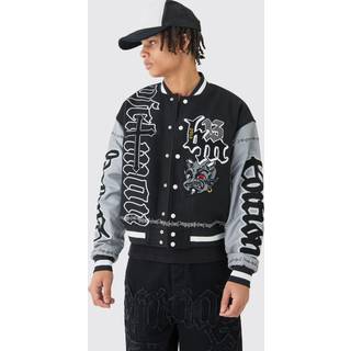 Mens Boxy Limited Badge PU Sleeve Varsity Jacket In Black