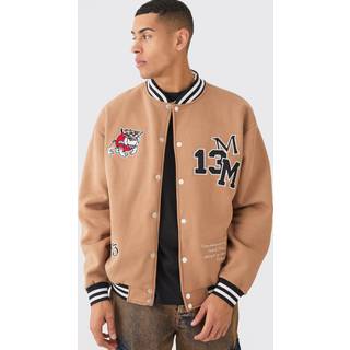 Mens Brown Oversized Character Applique Jersey Varsity Jacket