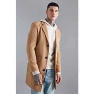Mens Single Breasted Wool Look Overcoat in Camel