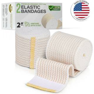 Premium elastisk bandage 2 tommer bred (2-pak) – USA-dyrket økologisk bomuld, latexfri, hypoallergenisk, Velcro-lukninger på begge ender