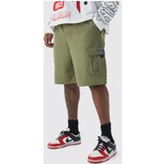 Mens Khaki Plus Fixed Waist Twill Relaxed Cargo Zip Detail Tab Shorts
