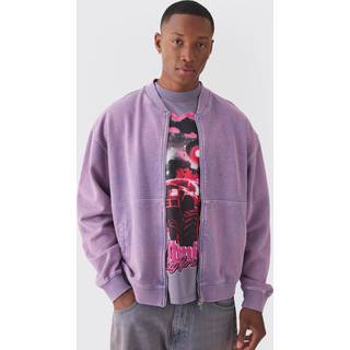 Mens Purple Oversized Boxy Zip Through Distressed Applique Bomber Jacket