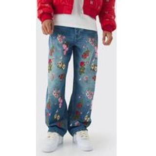 Mens Vintage Blue Baggy Fit Rigid Floral Embroidered Jeans