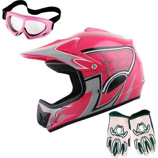 WOW Youth Motocross hjelm BMX MX ATV Dirt Bike hjelm Spider Web Pink + Goggles + Martian Skull Pink Handske bundt