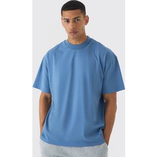 Mens Dusty Blue Oversized Extended Neck Heavyweight Woven Tab T-shirt