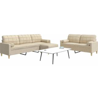 sofasæt 3 dele med fodskammel og pyntepuder stof cremefarvet