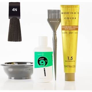 Moehair Hair Coloring Kit | 5NN Permanent hårfarve (lysebrun intens) 20 volumenudvikler 6% farvelægningsbørstehandsker og blandeskål | Keratin in