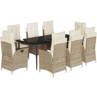 Spisebordssæt Til Haven 5 Dele Med Hynder Polyrattan Beige - 8 / Uden fodskammel / 200 x 100 x 74 cm