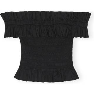 Ganni Smocked off-shoulder cotton poplin top - black - M