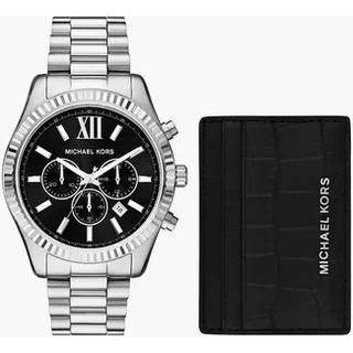 MK Oversized Lexington Silver-Tone Watch and Crocodile-Embossed Leather Card Case Gift Set - Silver - Michael Kors - ONE SIZE