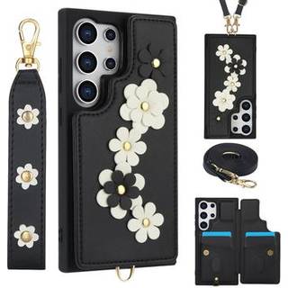 Samsung Galaxy S24 Ultra Blomsterdekoration Cover med Rem - Sort
