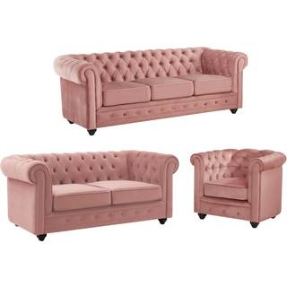 3-personers og 2-personers sofaer samt lænestol i pastelrosa fløjl CHESTERFIELD