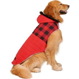 HDE Hundepufferjakke Fleeceforet Varm Hundeparka Vinterfrakke med selehul Buffalo Plaid - XXL