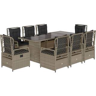 Spisebordssæt Til Haven 9 Dele Med Hynder Polyrattan - 8 / Lysegrå / Glas