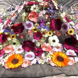 Labellelady 47 """" 3D blandede farver broderede blomster p? sort tule blonder stof 1yard (47 """"*36 """")