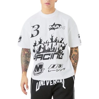 Mens White Oversized Boxy Extended Neck Homme Moto Graphic T-shirt