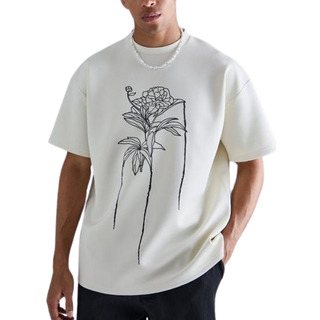 Mens Ecru Oversized Floral Line Drawing Scuba T-shirt