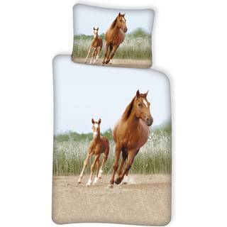 Junior heste sengetøj 100x140 cm - Sengesæt med hest og føl - 100% bomuld
