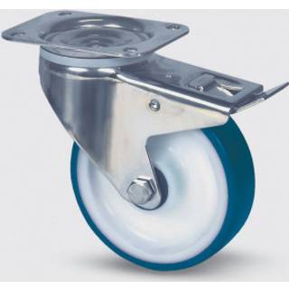 Tente Drejeligt hjul m/ bremse, blå polyuretan, Ø80 mm, 100 kg, DIN-kugleleje, med plade Rustfri Byg