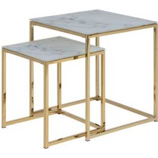 Almaz indskudsborde 2 stk. i glas med marmor print i hvid og ben i gylden chrome.