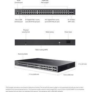 SG3452XMPP New Omada 48-Port Gigabit and 4-Port 10GE SFP+ L2+ Managed Switch with 40-Port PoE+ & 8-Port PoE++ 4x 10 Gbps SFP+ slots 8x Gigabit 802.af/at/bt PoE++ ports (Max 90 W PoE budget for each po