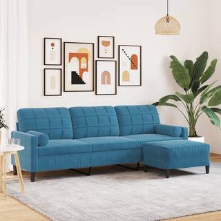 3-personers sofa med fodskammel 210 cm velour blå